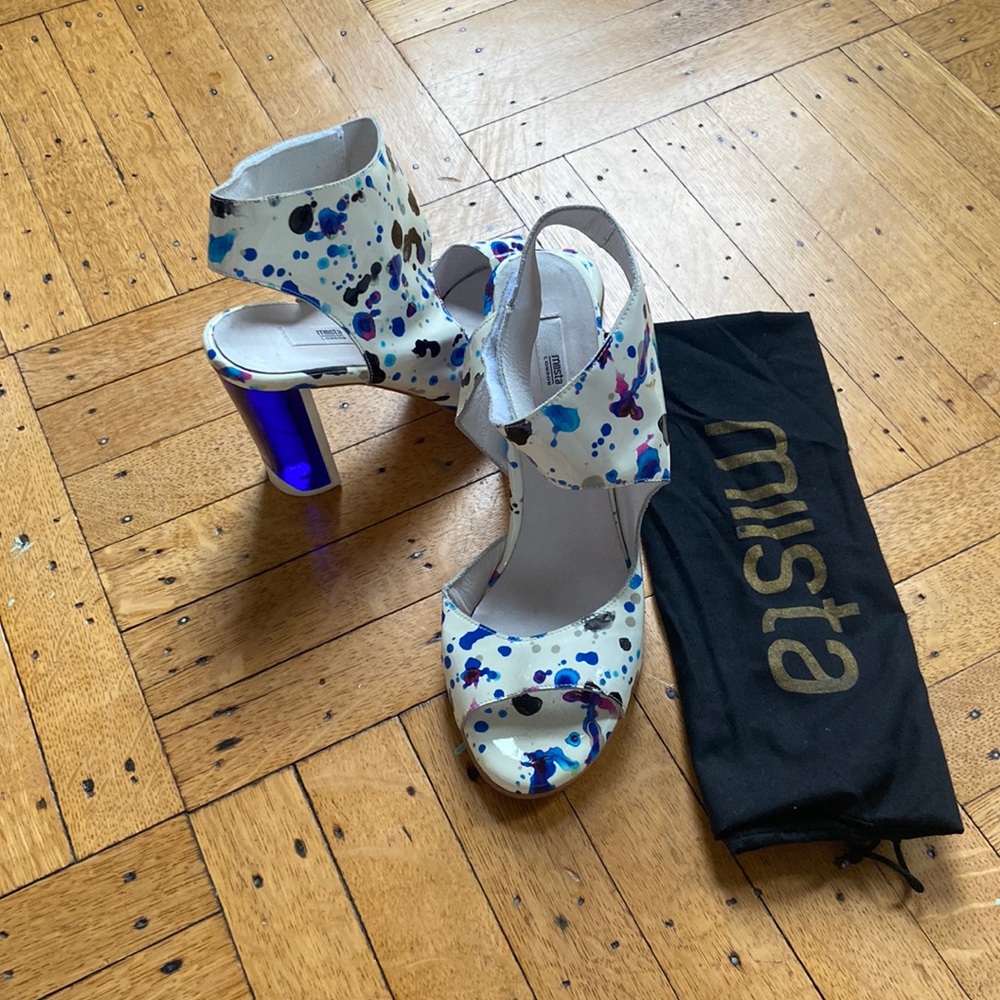 Miista white pumps with splatter paint effect and acrylic heel